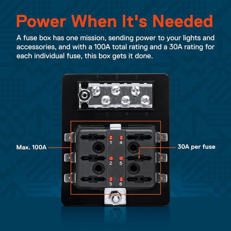 ONLINE LED STORE True Mods 6 Way Blade Fuse Box with Ground Negative Bus bar for Automotive [ATC/ATO Blade Fuses] [100 Amp] [LED] [Protection Cover] [12V - 30V DC] Auto Marine Ground Fuse Block - Image 3